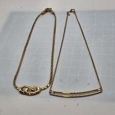 Vintage MONET 2 Set Gold Tone Necklaces Love Knot Bar Signed 15" Granny Glam