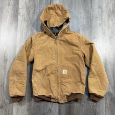 Vintage 90s Y2K Carhartt Hooded Canvas Jacket Brown Fleece Lined Youth Large