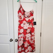 Lulus Red Floral One Shoulder Midi Dress NWT Size M Asymmetric Side Slit Wedding