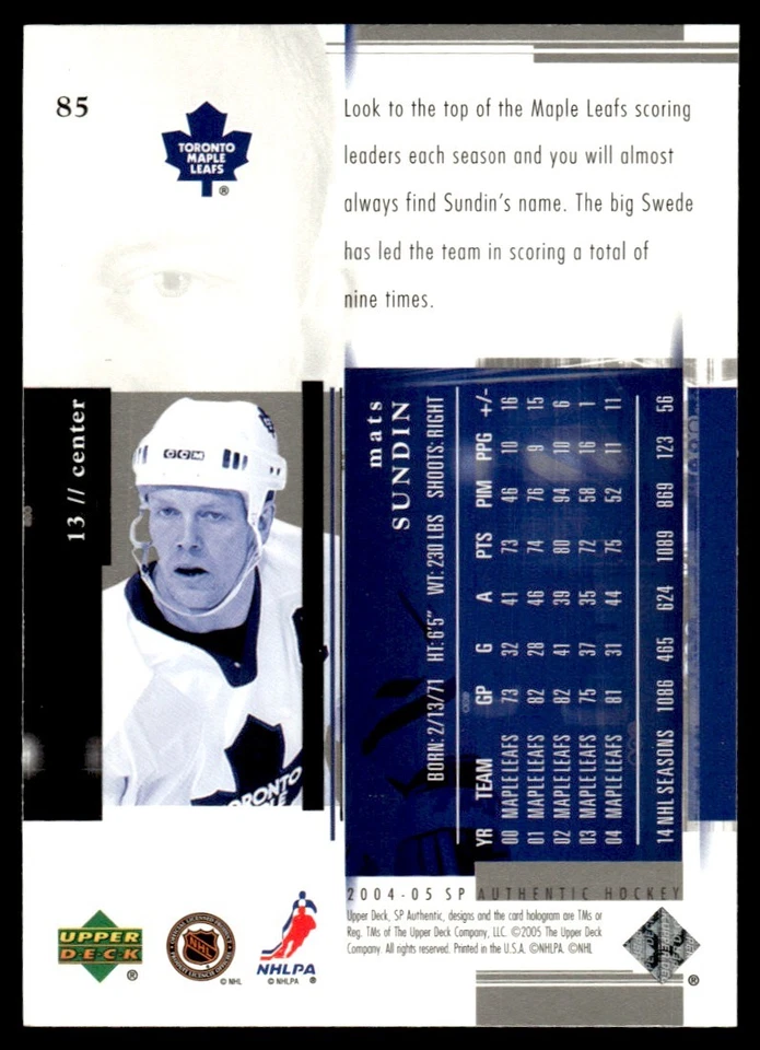2004-05 SP Authentic Mats Sundin Toronto Maple Leafs #85 - Image 2 of 2