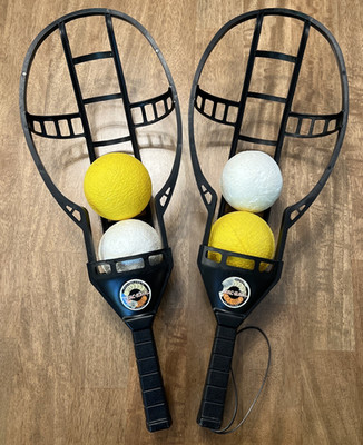 Vintage 1975 WHAM-O TRAC-BALL Game: 2 Rackets, 2 Styro Balls, 2 Plastic Balls