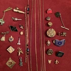 Large Vintage Chain Pendant Costume Jewelry Lot Pins Military Fraternity Charms
