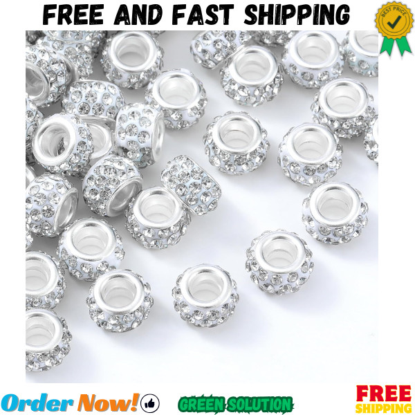 100 Pcs Rhinestone European Beads Crystal Large Hole Charm Spacer Beads for DIY