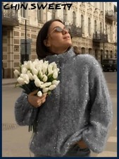 Chic Sequin Knit Double-Zip Cardigan Women Y2K Long Sleeve Glitter Sweater
