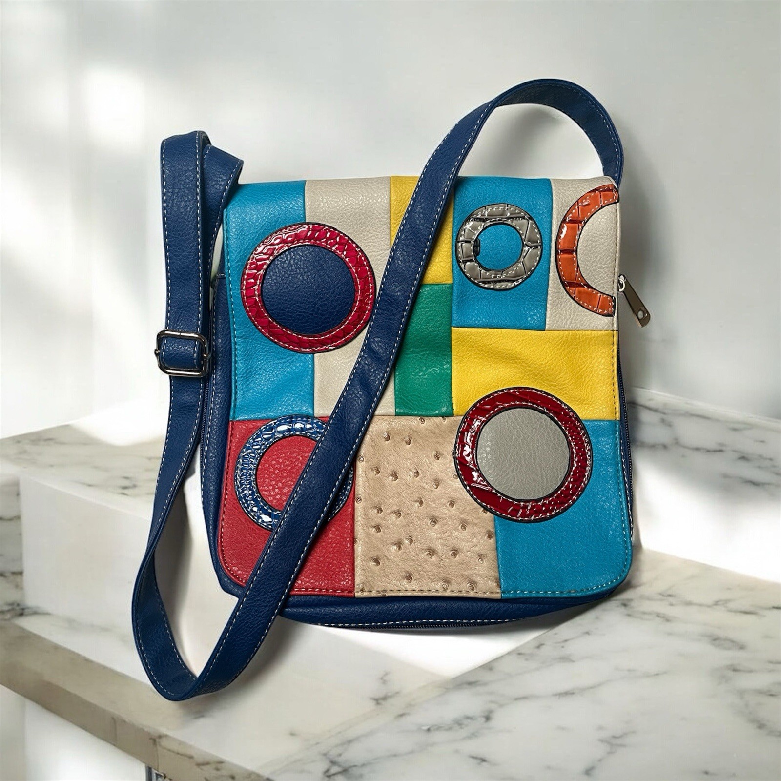 Colorful Patchwork PU Leather Blue Crossbody Mess… - image 4
