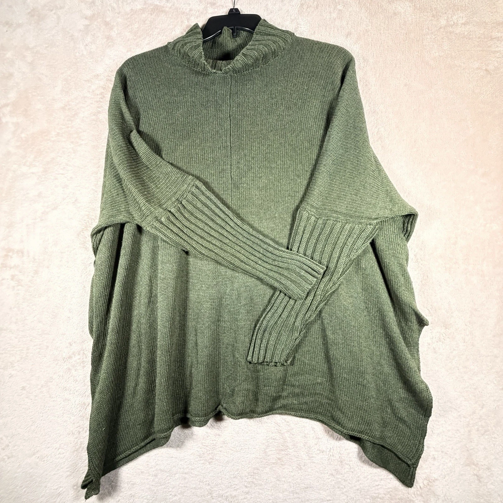 Halston Heritage M Green Silk Cashmere Batwing Ribbed Sweater Poncho Top