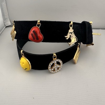Vtg Moschino Black Suede Charm Belt Sm Cow Heart Smiley Face  display picture 1