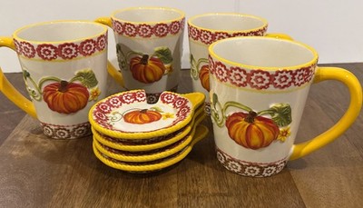 4 TEMPTATIONS PUMPKIN PATCH MUGS COFFEE HOT COCOA 16 Oz With Lids