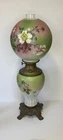 Antique GWTW Oil Parlor Lamp Hand Painted Floral Green Pink Milk Glass 25”