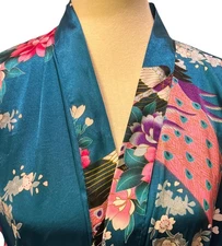 Kimono Robe Turquoise Charmuse Satin One Size Floral Belted Pockets Babeyond