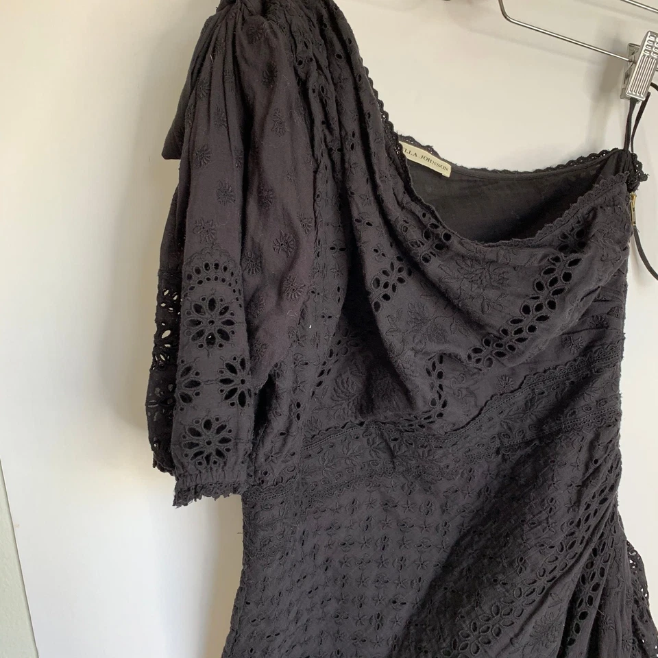 Ulla Johnson Gwyneth Eyelet Embroidered One Shoulder Puff Sleeve Tie Bow Dress - Image 4 of 4