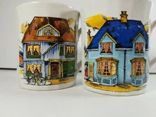2 Coffee Mugs Folk Art Houses 2 Different Ribbed Cups Japan Off White