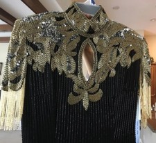 Le Monde Fashions Short Sleeve Knee Length Evening Beaded Black Silk Dress Sz 4.