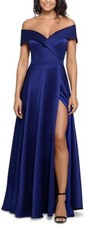 Xscape Womens Taffeta Off-The-Shoulder Evening Dress Blue 8