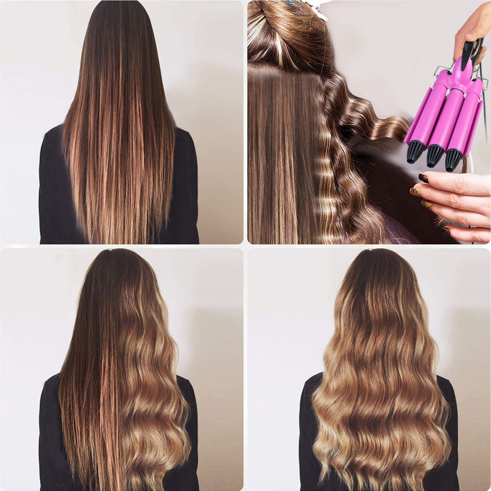 Hair Salon Ceramic 3 Triple Barrel Hair Wave Waver Curling Iron Curler Wand Pink