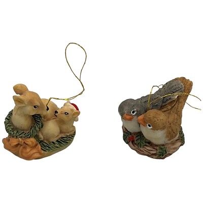 Vintage Forest Friends Miniature Resin Ornaments Fawn & Doe and Bird Pair By GAO