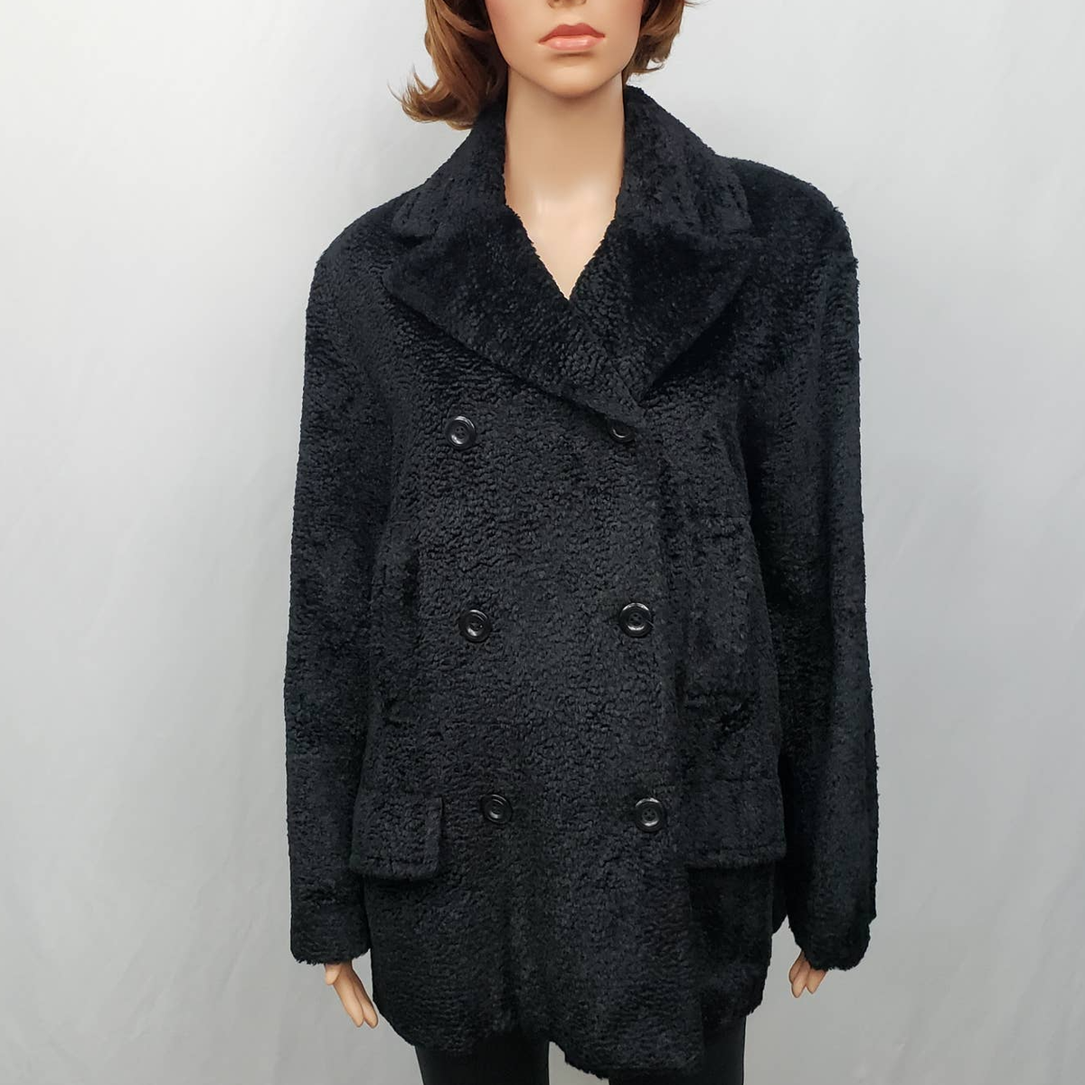 Vintage XOE New York Made in USA Faux Fur Pea Coat M Double 
