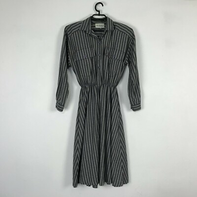 Vintage 80s John Richard Dress Size S Gray Striped Long Sleeve Cotton Blend