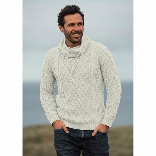 Men's Merino Aran Sweater with Drawcords, X-Small / White