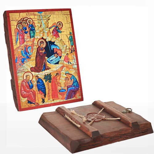 Geburt Jesu Christi, Weihnachten Christliche Holz Ikone 16x12,5 Handarbeit 37032 - Picture 2 of 2