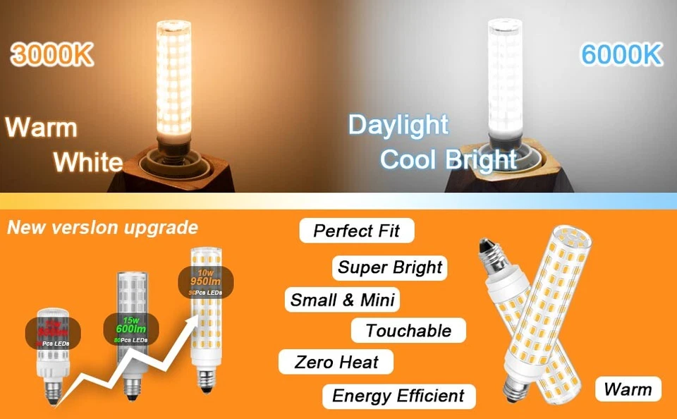 2pcs E11 LED Bulb Dimmable 10W 120V 950LM Ceramics Light For Fan Lamp T2896F60 H - Image 3 of 4