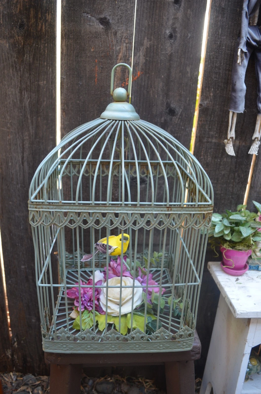 Birdcage Metal Antique Patina Green Floral with Bird 16”