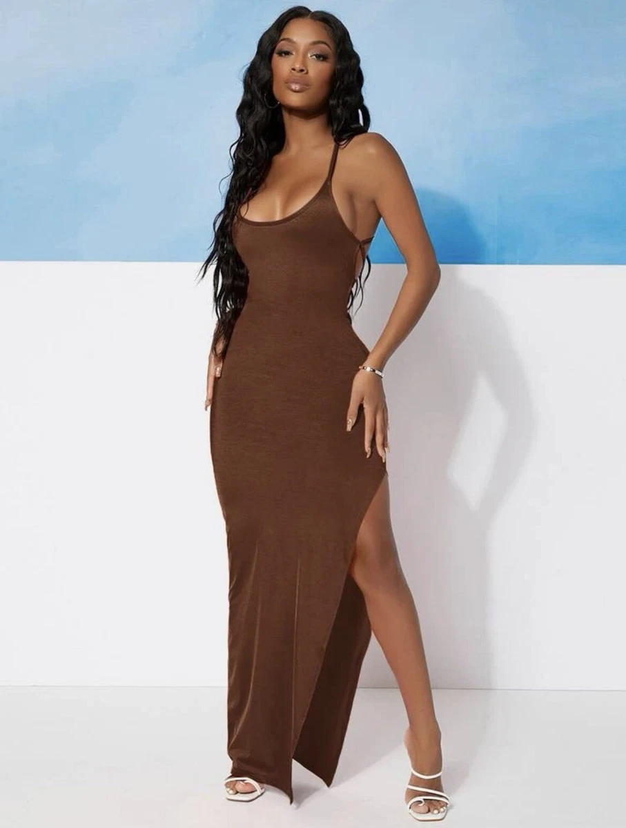 women's shein small brown strappy maxi dress with slit