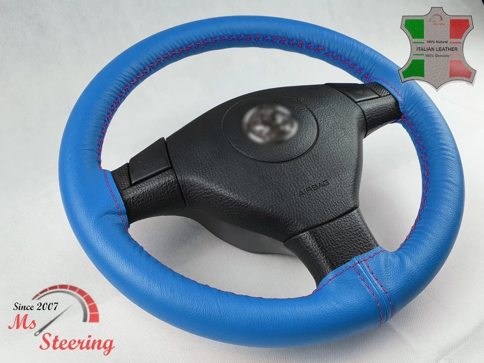 FUR KIA SEPHIA 94-01 BLUE LEATHER STEERING WHEEL COVER, RED 2 STIT - Image 3 of 4