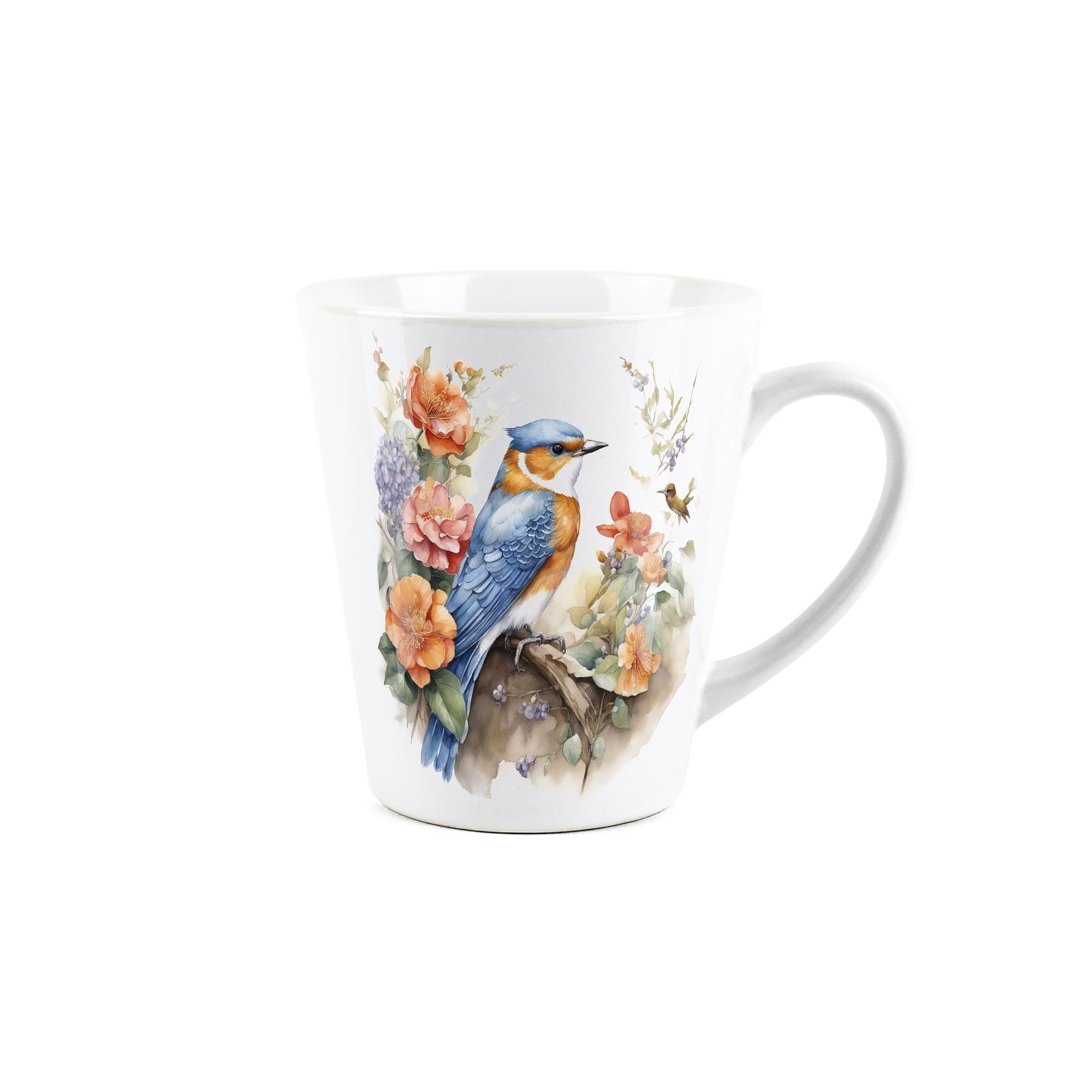 Blue Bird Latte Mug - Orange Floral Coffee Cup Gift for Bird Lovers