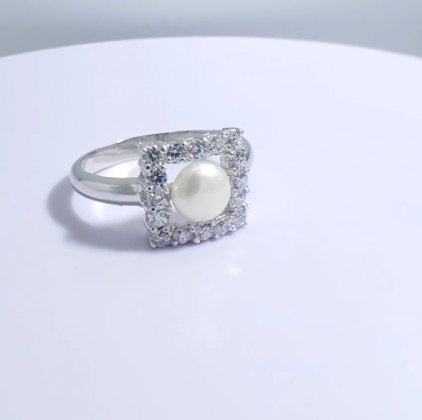 Sterling Silver Ladies Square Ring w/ 7 mm Pearl & CZ Stones | eBay