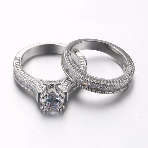 R092 Joyería de mujer 18K Oro blanco GP Compromiso Boda Anillo de banda nupcial Set - Imagen 2 de 4