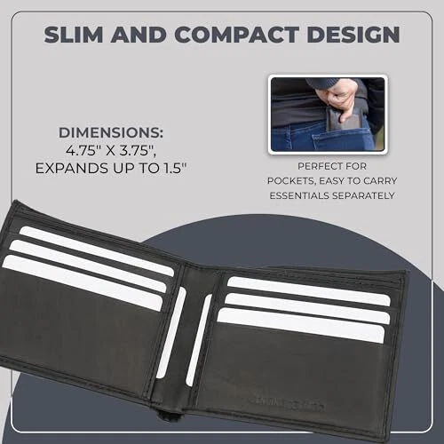 Cartera de cuero plegable deslizante para hombre, billetera de identificación minimalista extraíble y tarjetero Foto 4 de 4