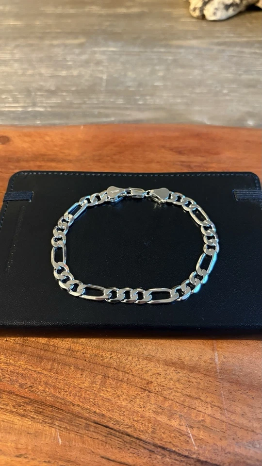 Bold 925 Sterling Silver Figaro Link Bracelet – 9” – 7mm – 15g – Rhodium Finish - Image 2 of 3
