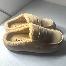 ldbl Women's Beige Faux Suede Slip-On Slippers, Faux Fur Lined, US 7.5