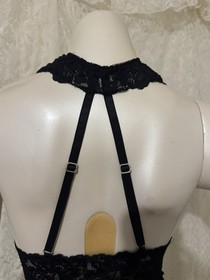 Vintage Black Babydoll Lingerie Pleated Chiffon Sheer Lace Halter Size medium