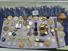 Vintage Junk Drawer Lot, Curiosities, watches , medals-coins sterling and more.