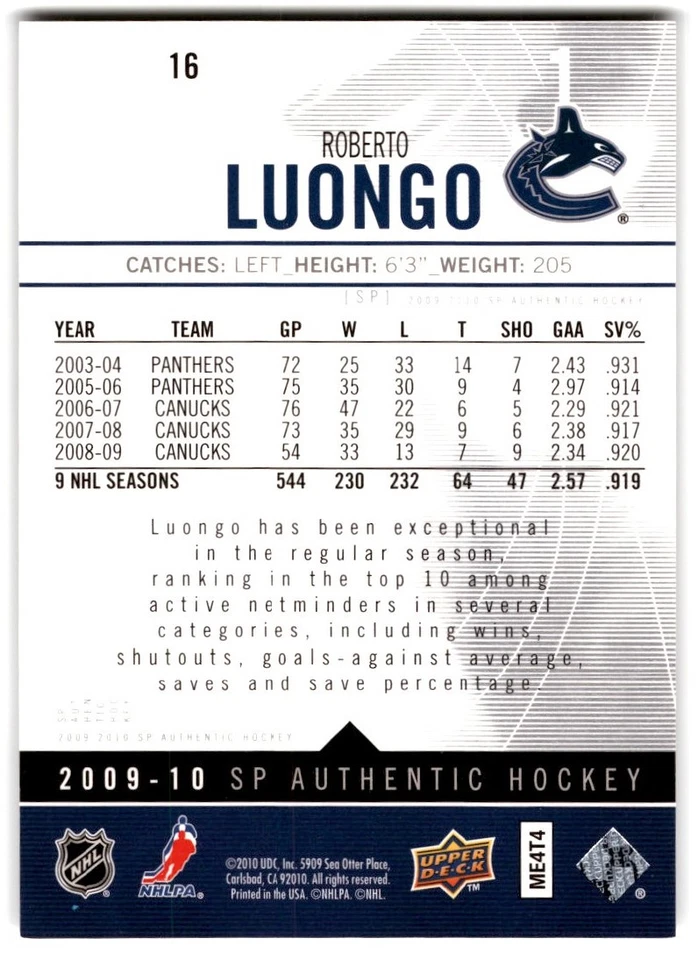 2009-10 SP Authentic Roberto Luongo #16 Vancouver Canucks - Image 2 of 2
