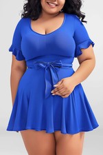 Blue Bow Swimdress One Piece Swimsuit Flounce Skirt Plus Size Swimwear Women