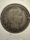1905 Barber Quarter – Silver – Appears Fine  Full Rims – Better Date – U.S. Coin
