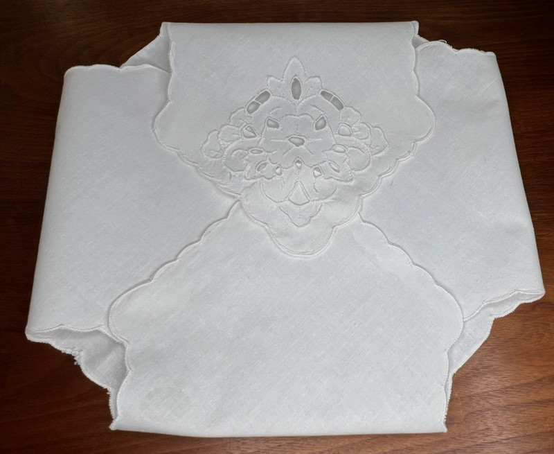 White Cotton Fold-in Bread, Muffin, Cookie Cover-Cozy/Embroidered Cutwork Flora