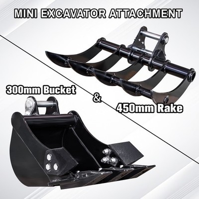 2Pc 300mm Narrow Bucket 450mm Rake Set For 1-1.5 Ton Mini Excavator Attachments