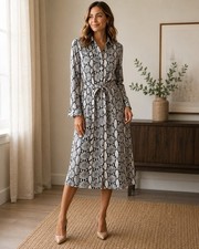 Tahari Women’s Snake Print Belted Shirt Dress Size 2 Midi Snap Button Front