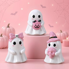 3 Pcs Halloween Pink White Ghost Resin Figurines Cute Bow