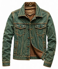 Trucker Leather Jacket For Men Real Lambskin Vintage Style Denim Jacket Green