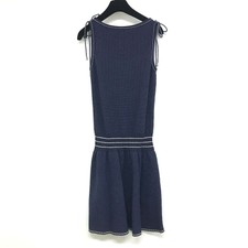 Chanel Coco Mark Sleeveless Dress Cotton Navy Size 34 Chest 14.6 in Length