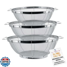 U.S. Kitchen Supply Set of 3 Stainless Steel Colander Strainers N