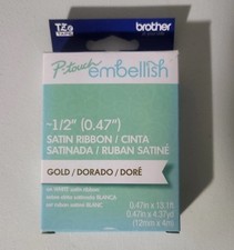 P-Touch Embellish TZe R234 Tape. 1/2" Gold on White Satin Ribbon.