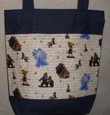 NEW Large Denim Tote Bag Handmade/w Pinocchio Fabric