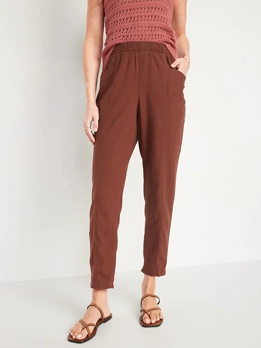 Old Navy Women's Root Beer High-Waisted Cropped Linen-Blend Pants