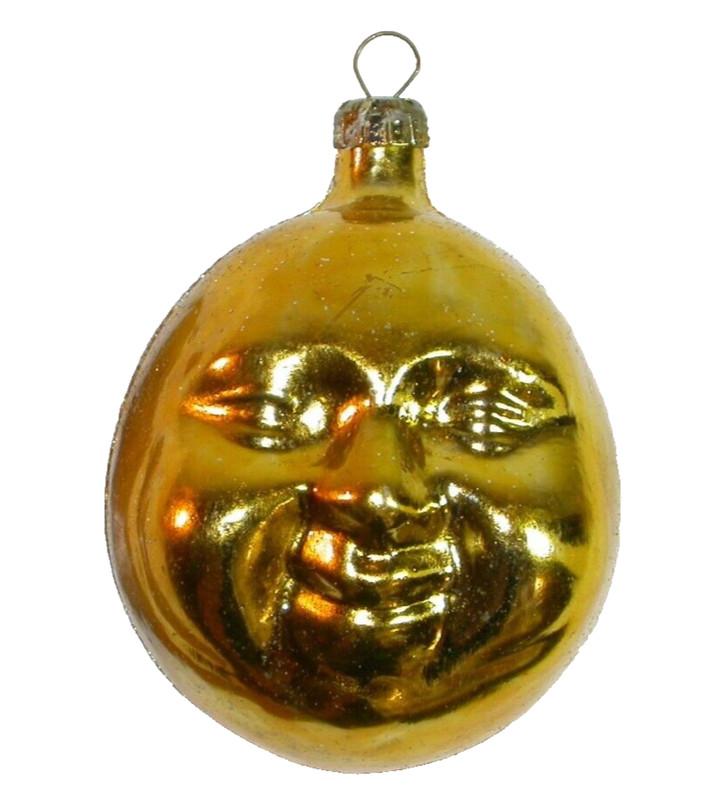 Big Vintage Smiling Laughing MOON Face Gold Glittery CHRISTMAS Tree ORNAMENT MCM